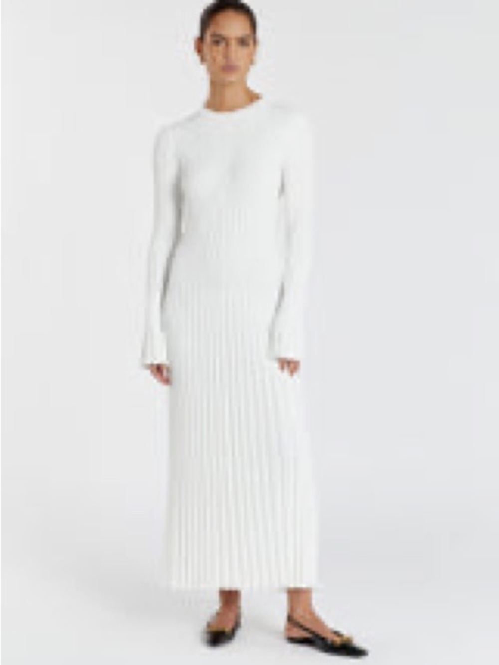 ADA OFF WHITE LONG SLEEVE MIDI DRESS Ribbed Long-Sleeve Maxi Dress in White